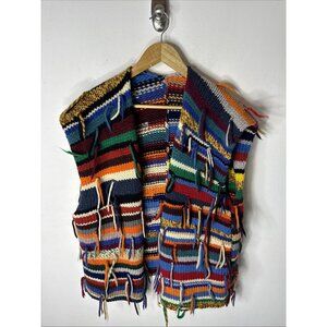 Vintage 70s Women’s Knit Wool Sweater Vest Multicolor Striped Fringe XL Hippie